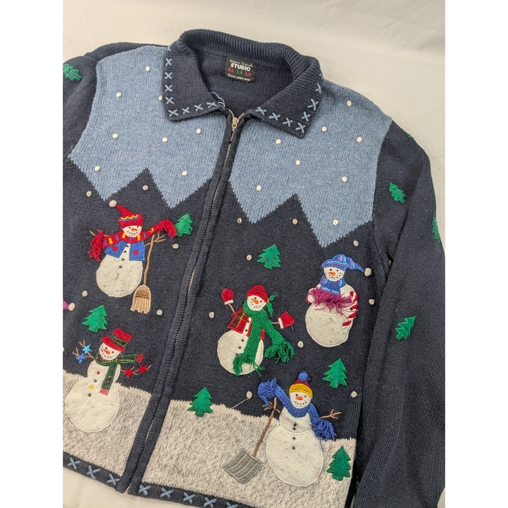 VINTAGE Studio Fa La La Christmas Zip Up Sweater Womens Large Navy